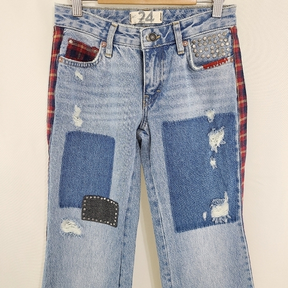 Free People Plaid Mixed Slim Flare Jeans patchwork studded size 24 - Picture 6 of 9